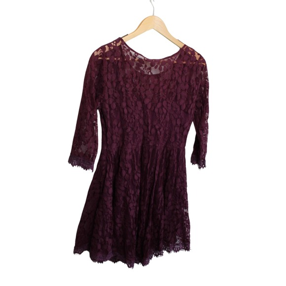 Free People Beet Color Floral Lace Mini Fit & Flare Dress Women Size 12 - Picture 2 of 6
